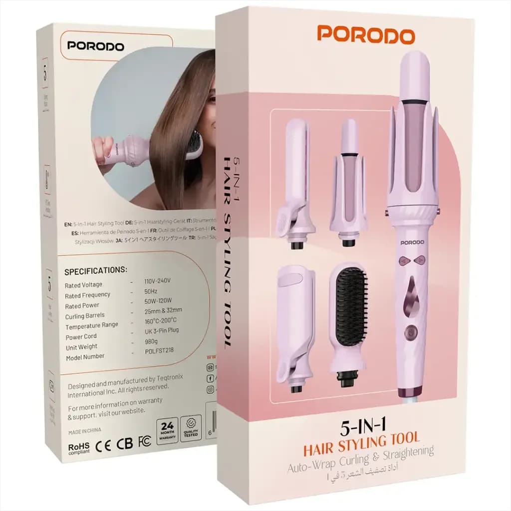 Porodo 5-In-1 Hair Styling Tool with Auto-Wrap Curling & Straightening - Pink