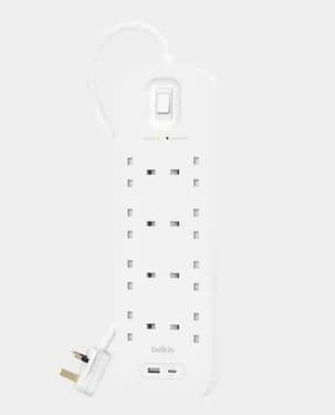 Belkin 8 Outlet Surge Protector | 18W USB-C and USB-A PD Fast Charging Ports | 8 AC Outlets | 2m Power Cord - White
