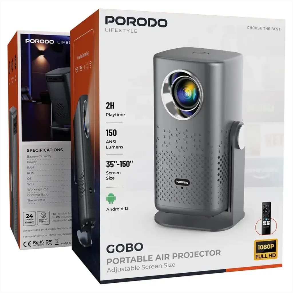 Porodo Gobo Lifestyle Portable Projector with stand 2H playtime 150 Lumens - Grey