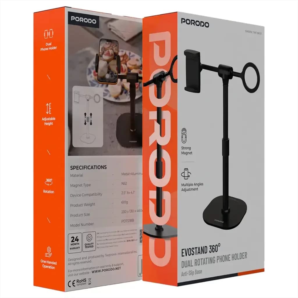 Porodo EvoStand 360 Degree rotating Dual Phone Holder with adjustable Metal stand - Black