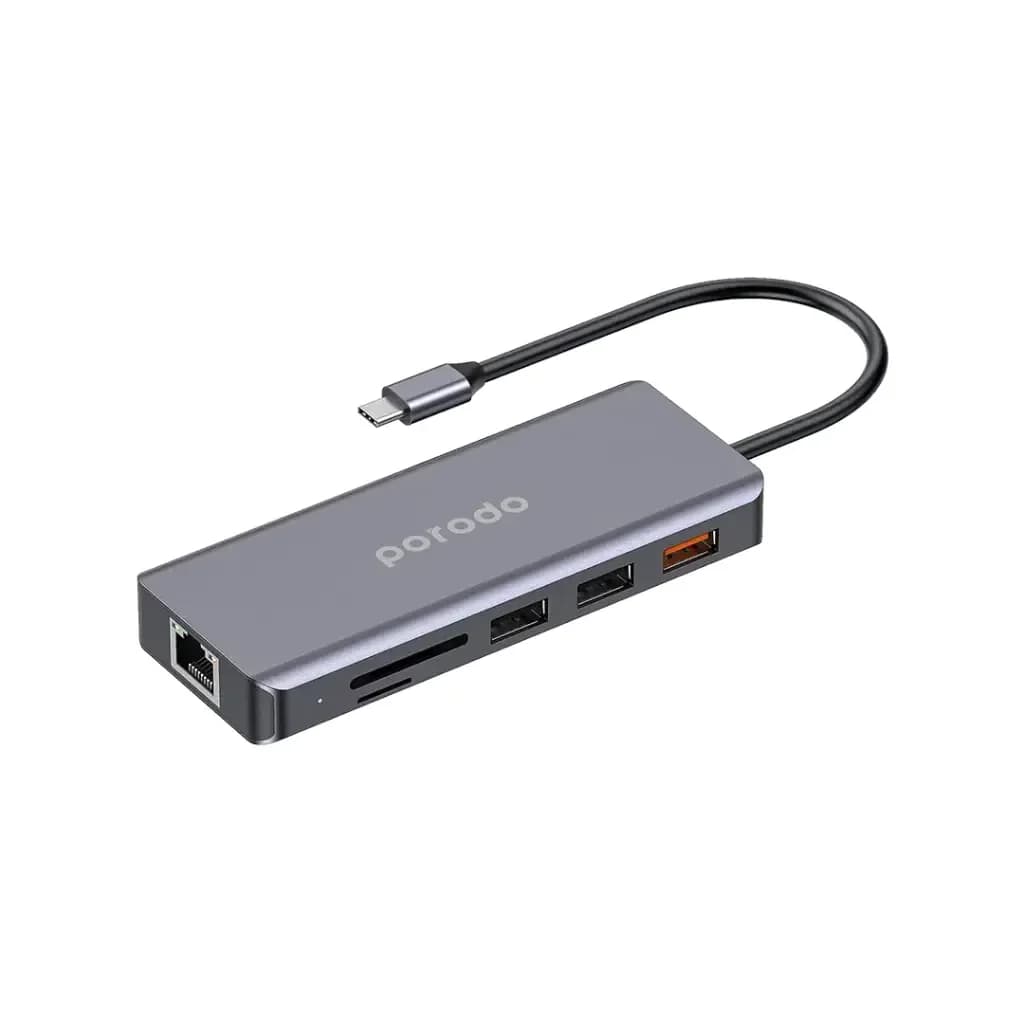 Porodo 9in1 USB-C Hub Type-C PD 100W HDMI Ethernet USB SD Card 3.5mm Aux - Gray