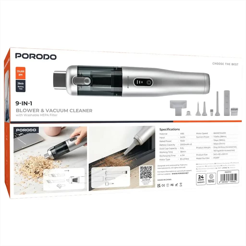 Porodo 9-in-1 Blower + Vacuum with 110W and 38mins Working Time - Grey
