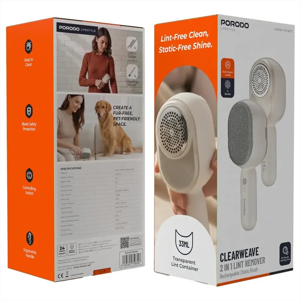 Porodo ClearWeave Lifestyle 2-in-1 Rechargeable Fabric Lint Remover - White