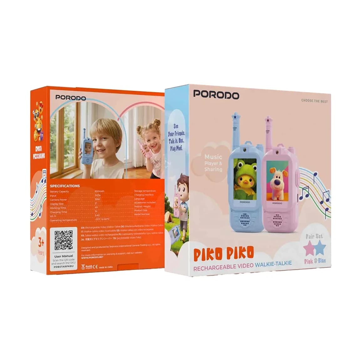 Porodo Piko Piko Rechargeable Video Walkie Talkie 300M Pair (Pink +Blue )