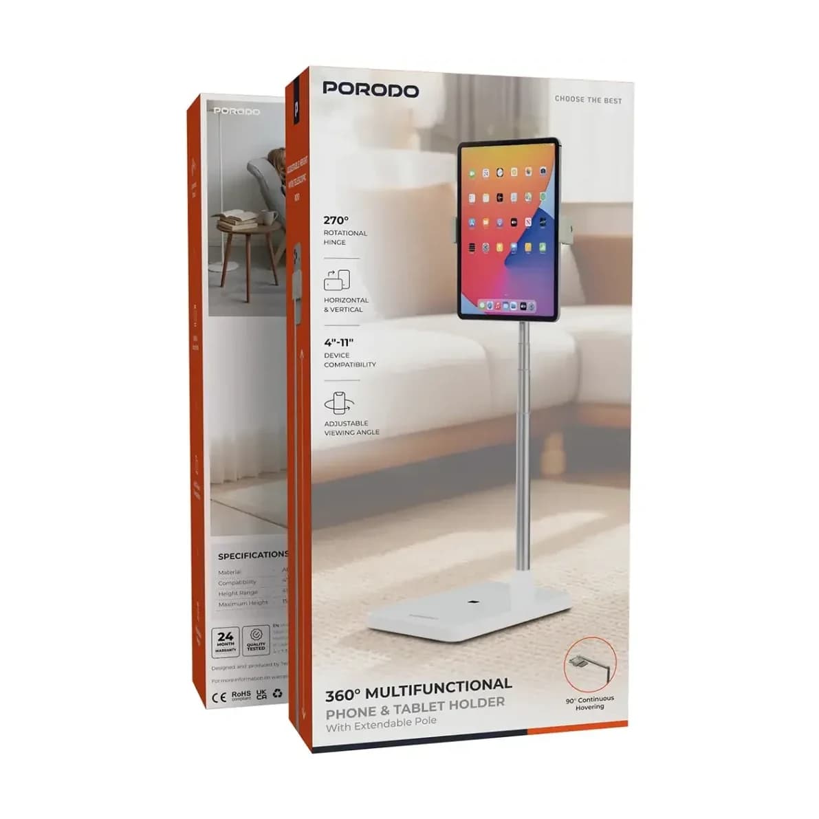 Porodo 360° Multifunctional Phone & Tablet Holder with Extebdable Pole - White