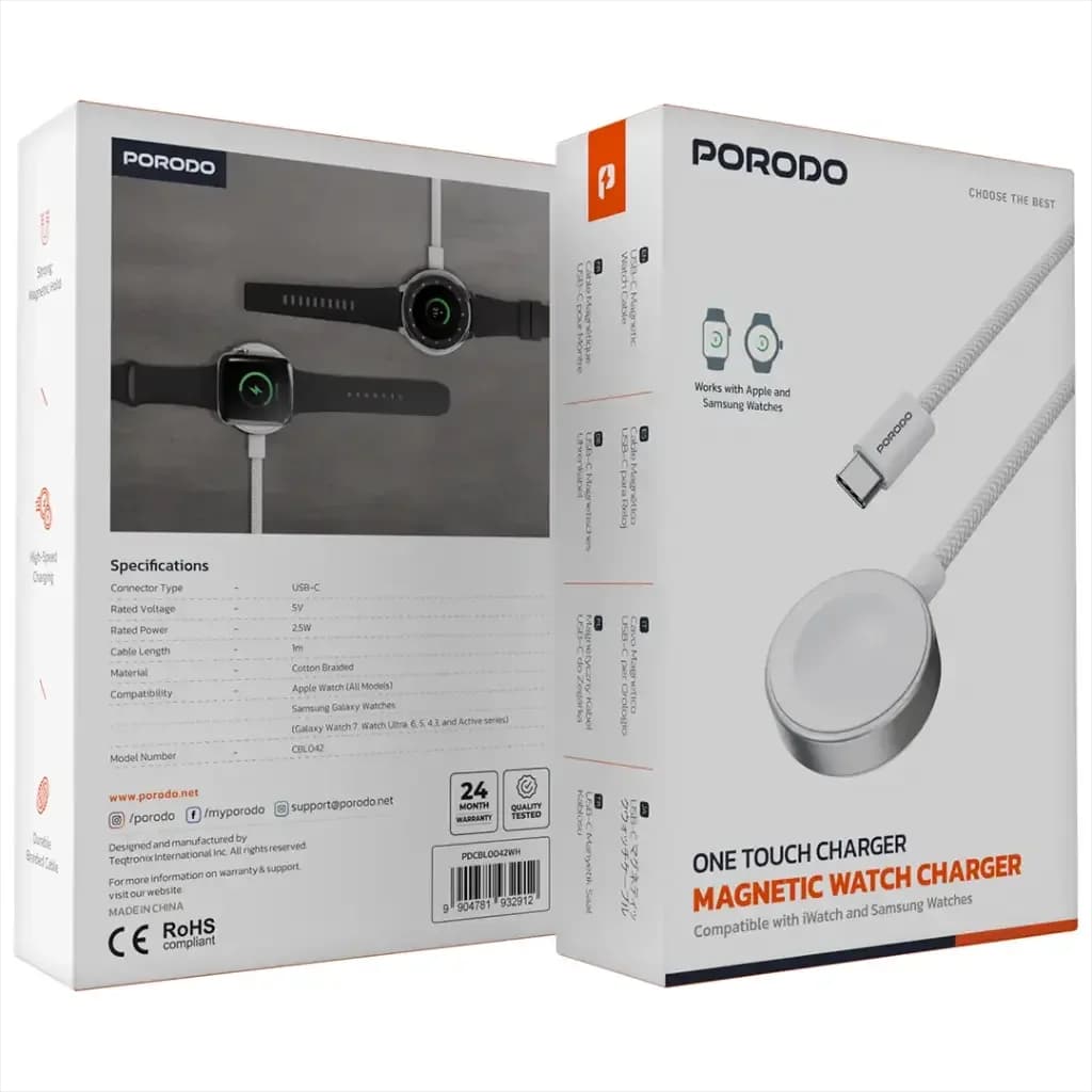 Porodo USB-C Watch Charging Cable for Samsung and Apple Watch - White