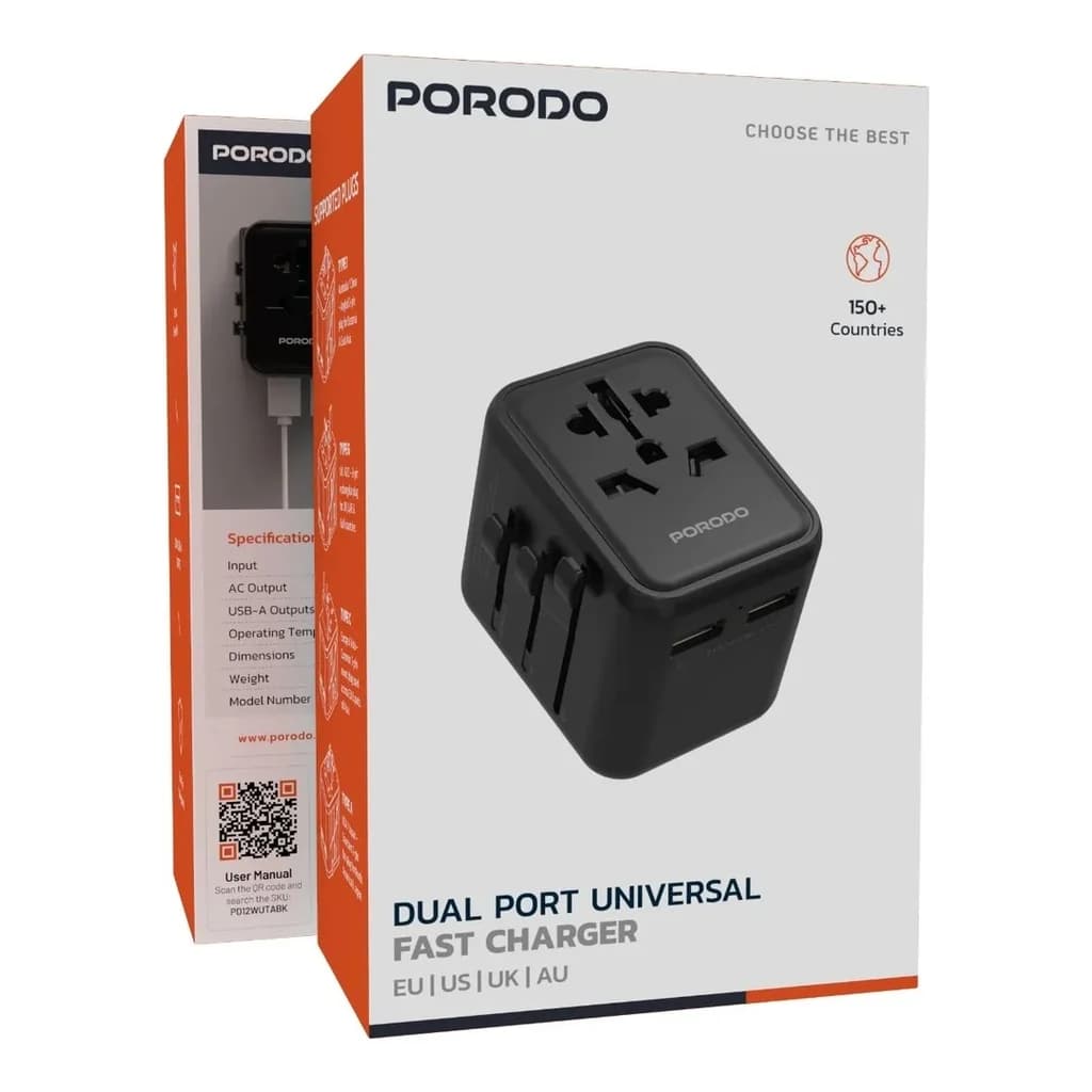 Porodo Dual USB-A Universal Travel Adapter 2.4A - Black
